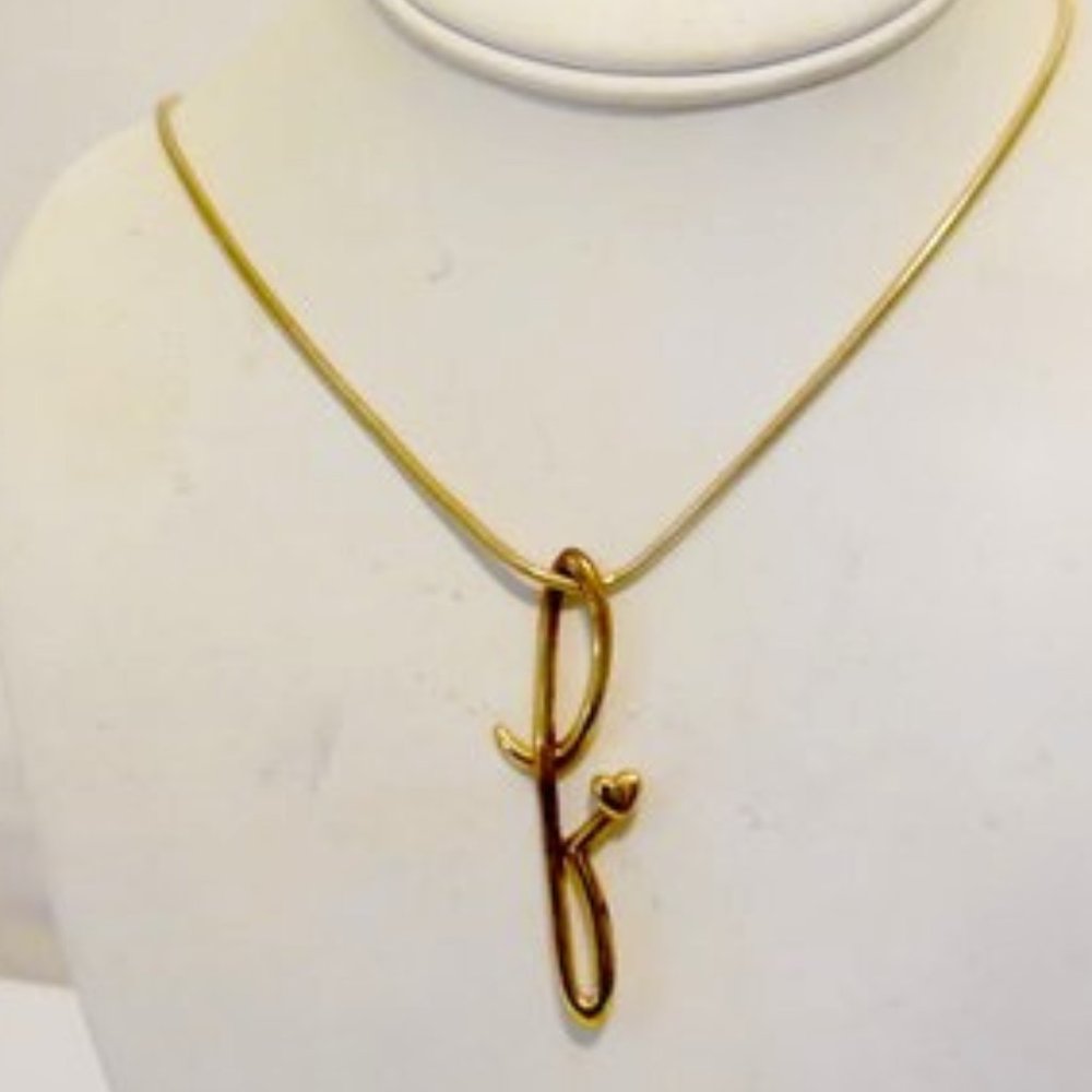 Colleen Lopez Fancy Cursive Script Initial "F" Pendant w/Chain 18"